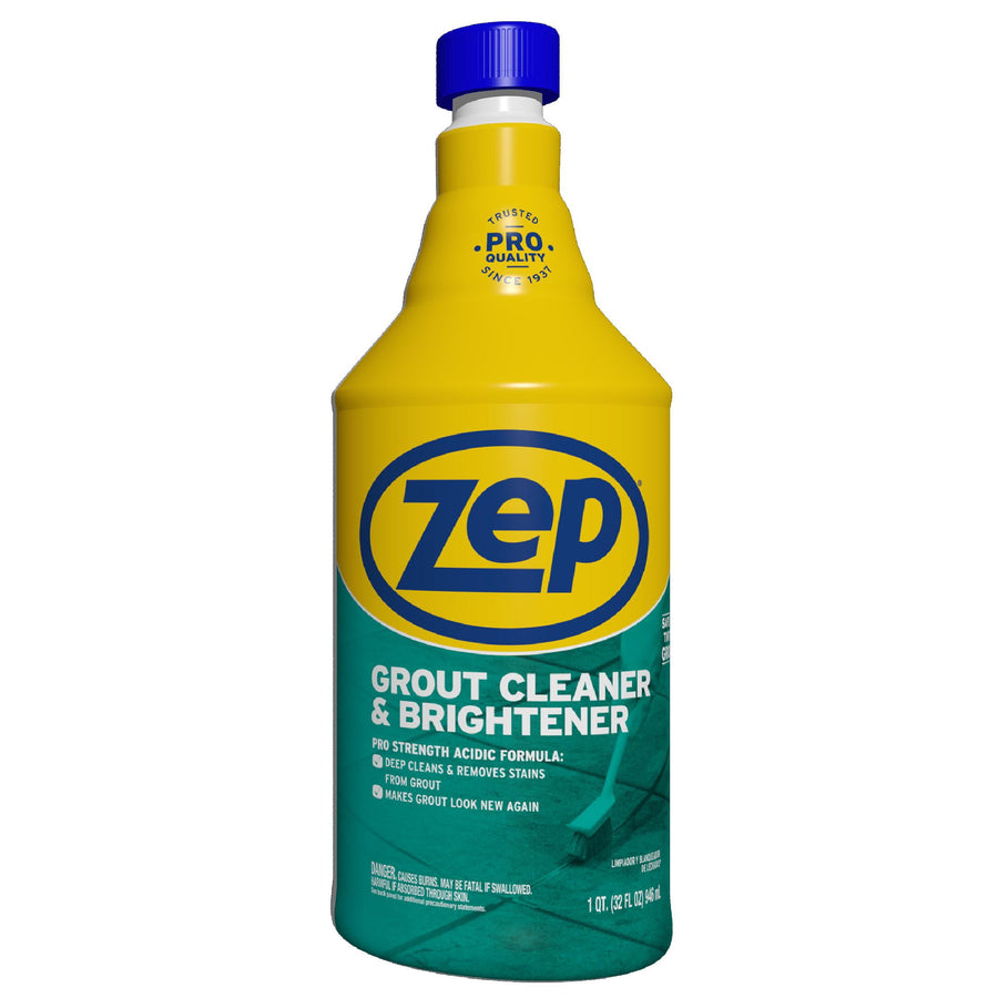 Yellow and teal Zep grout cleaner & brightener bottle with blue cap on white background, front label visible