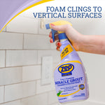 Hand spraying Zep Miracle Grout bottle onto vertical subway tile with text about foam clinging to surfaces