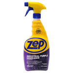 Yellow-and-purple Zep Industrial Purple Degreaser spray bottle with trigger on white background