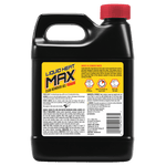 Rear view of a black Zep Liquid Heat Max plastic jug showing safety and usage text on a yellow label and red cap