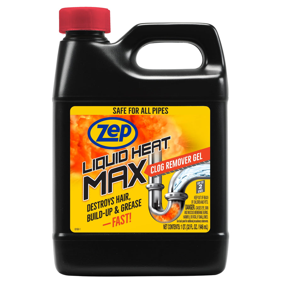 Black jug of Zep Liquid Heat Max clog remover gel with red cap and bright yellow front label showing pipe graphic