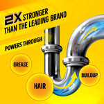 Graphic close-up of a shiny U-shaped drain pipe with arrows and bubbles plus text calling out hair, grease and buildup removal