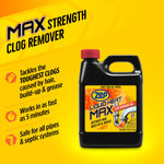 Promotional image of a Zep Liquid Heat Max bottle on a yellow background with benefit bullet points about tackling clogs fast