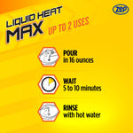 Instructional panel on a yellow background showing pour, wait 5-10 minutes, then rinse steps for using Zep Liquid Heat Max
