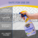 Hand holding a purple Zep Miracle Grout spray bottle over sample tile types with text listing safe surfaces
