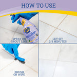 Four-panel how-to graphic showing spraying, waiting, brushing, and cleaned grout using Zep Miracle Grout bottle