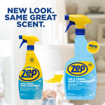 Graphic showing old and new Zep bottle designs with arrow and headline reading New Look, Same Great Scent.