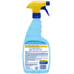 Rear view of a Zep Air & Fabric Odor Eliminator spray bottle showing the back label with directions and a yellow trigger top.