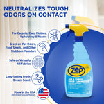 Zep Air & Fabric Odor Eliminator bottle with infographic text listing uses and a fresh breeze scent callout.