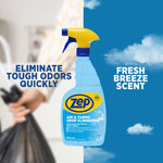 Zep spray bottle centered against split background with text about eliminating tough odors and fresh breeze scent.
