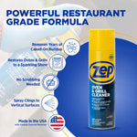 Zep oven & grill cleaner can with infographic text highlighting restaurant-grade formula and features.