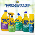 Lineup of Zep cleaning products including the acidic toilet bowl cleaner in the center