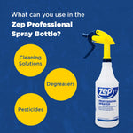 Zep Professional spray bottle shown on blue background with yellow circles listing compatible uses like cleaning solutions and degreasers