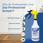 Promotional graphic showing a Zep professional sprayer with icons highlighting high-output spray, ergonomic design and adjustable nozzle.