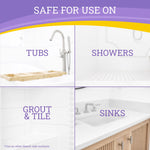 Graphic panel showing uses: tubs, showers, grout & tile, sinks with Zep Home Pro branding