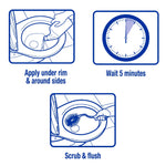 Instructional icons showing apply under rim, wait five minutes, then scrub and flush for use