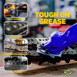 Action-style graphic showing gloved hand wiping greasy engine parts and small photo insets of heavy machinery and shop floors