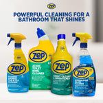 Four Zep branded cleaning products including grout cleaner and other bathroom cleaners arranged under headline about powerful cleaning