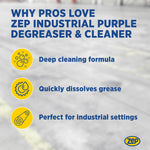 Text-focused panel listing reasons pros love Zep Industrial Purple Degreaser with three icon bullets and blurred floor background