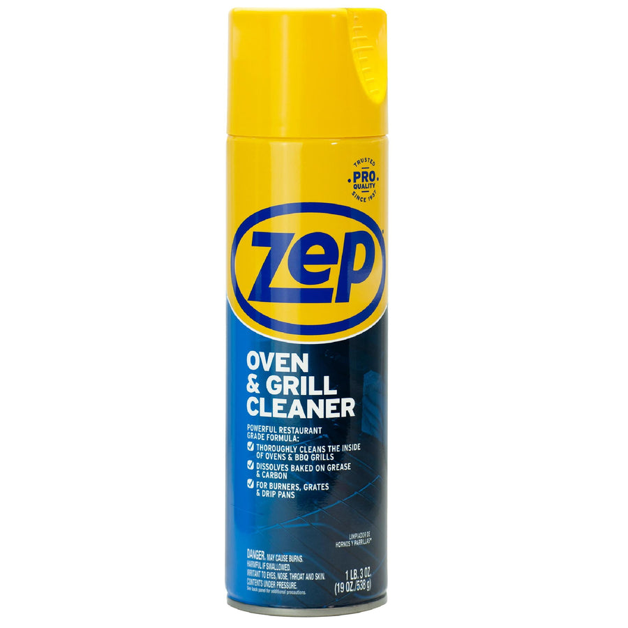 Tall yellow-and-blue Zep oven & grill cleaner aerosol can on white background.