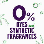 Promotional text graphic stating 0% dyes and synthetic fragrances with small leaf and bubble illustrations