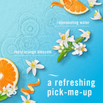 Graphic composition of orange slice and white blossoms over blue water labeled rejuvenating water