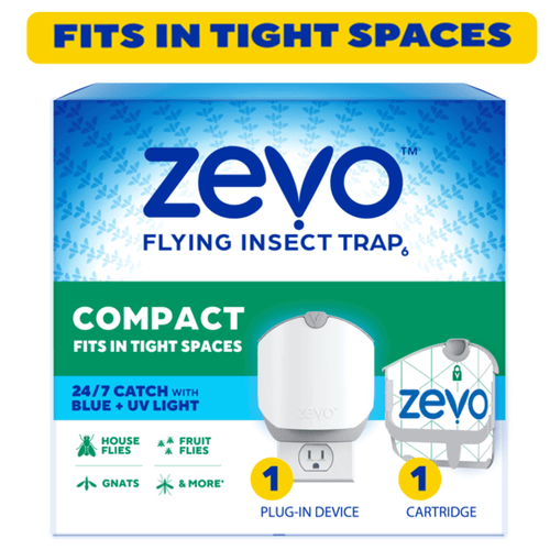 Front-facing product box for Zevo Compact flying insect trap showing device and cartridge illustrations and feature icons.