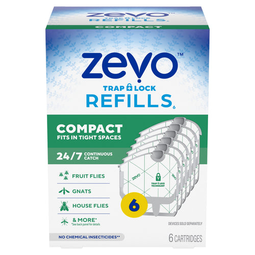 Front-facing product box for Zevo Trap & Lock refills showing compact cartridges and icons for fruit flies, gnats and house flies.