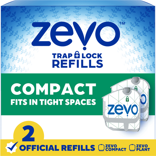 Front-facing Zevo Trap + Lock refills box showing compact refill cartridges and bold COMPACT fits in tight spaces label.