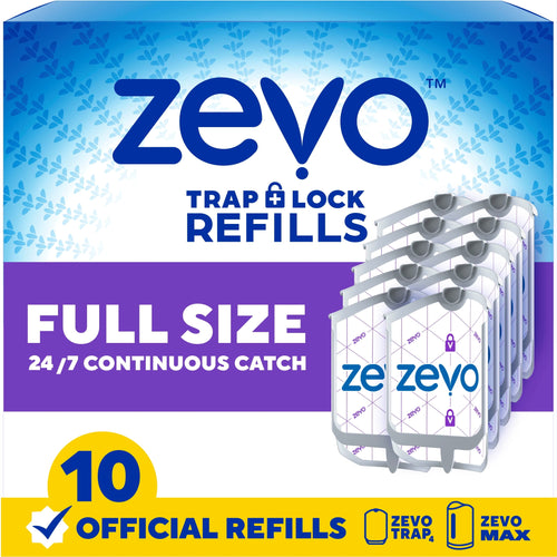 Zevo branded full-size trap refill packaging graphic showing ten refill cartridges and large "Full Size" label