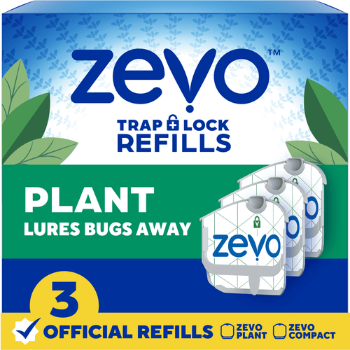 Zevo branded retail box art showing plant refill cartridges and label 'Plant Lures Bugs Away' with three refill icons.