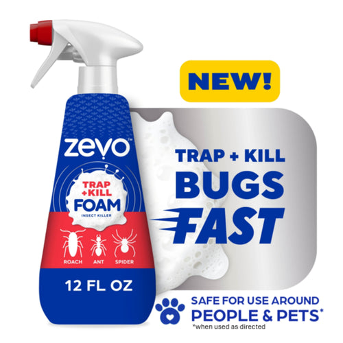 Blue Zevo trigger-spray bottle label reading trap + kill foam with icons for roach, ant and spider