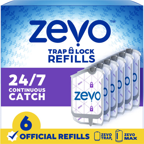 Box packaging for Zevo Trap + Lock refill cartridges showing six refill units and 24/7 continuous catch messaging.