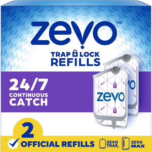 Zevo Trap + Lock refill packaging showing two adhesive refill cartridges and bold branding