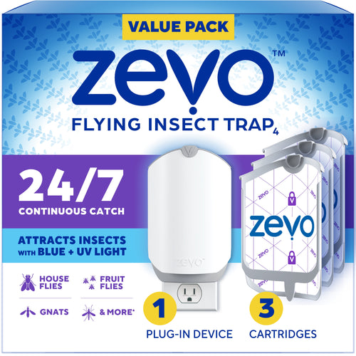 Zevo value-pack product box showing plug-in flying insect trap and three refill cartridges with 24/7 claim