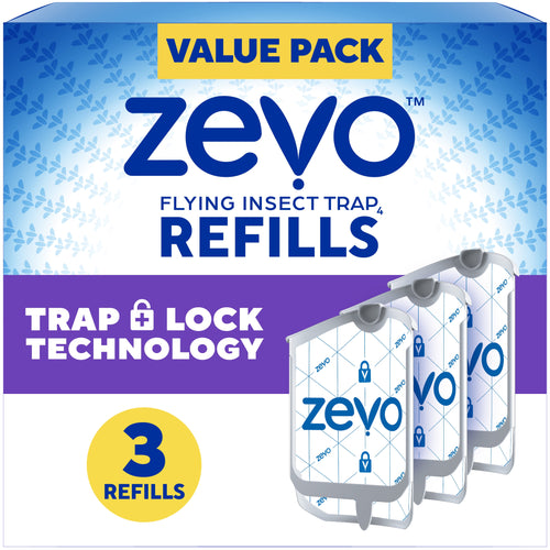 Zevo value pack box artwork showing three full-size flying insect trap refill cartridges and 'trap + lock' callout.