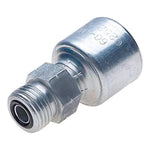 Close-up of a zinc-plated hydraulic hose fitting with male threaded end and cylindrical crimp sleeve