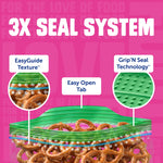 Pink infographic showing Ziploc bag cross-section with EasyGuide texture, Grip'N Seal closeups and pretzels inside