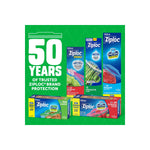 Promotional graphic celebrating '50 years of trusted Ziploc brand protection' featuring multiple Ziploc product boxes including produce bags.