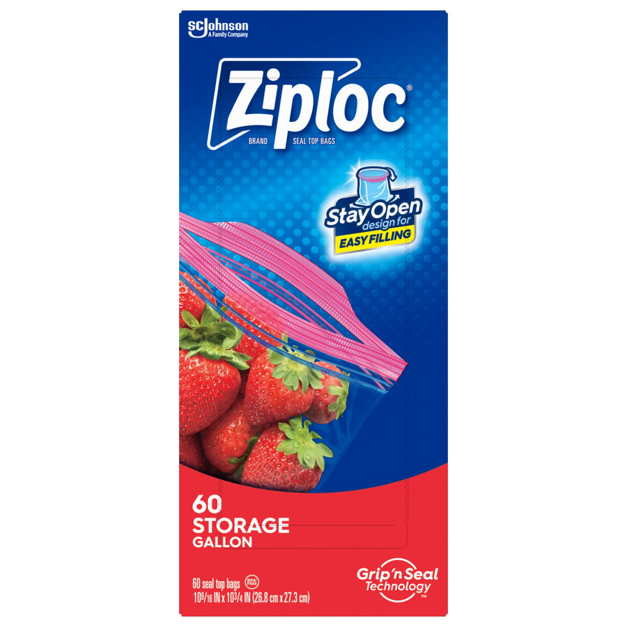 Ziploc blue and red box for gallon storage bags showing strawberries and a pink zipper, labeled 60 storage gallon