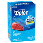 Tilted perspective of Ziploc freezer quart product box featuring meat image, blue graphics and Stay Open design callout