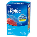 Angled view of Ziploc freezer quart box packaging showing front and right side with branding and Stay Open badge