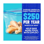 Graphic showing a Ziploc bag of chicken drumsticks beside text claiming average family throws out $250 per year worth of meat