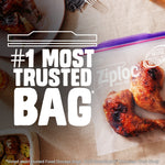 Ziploc heavy duty bag holding cooked chicken on a tabletop, overlaid text reading '#1 Most Trusted Bag' and brand logo.