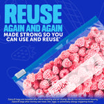 Ziploc slider bag filled with frozen raspberries and headline 'Reuse Again and Again' on a patterned blue background.