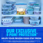 Opened freezer shelf with a Ziploc bag of food centered among stacked food containers and tubs