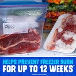 Ziploc bag in a freezer holding a cut of meat next to frozen packaged food, close-up showing label area