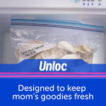 Ziploc freezer bag filled with dumplings inside a freezer with promotional blue text overlay
