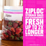 Close-up of a Ziploc bag filled with strawberries beside bold pink text claiming Ziploc keeps strawberries fresh up to 2x longer.