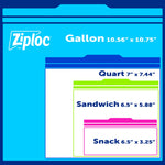 Illustrated sizing chart showing Ziploc bag silhouettes with dimensions and 'Gallon' label on a blue background